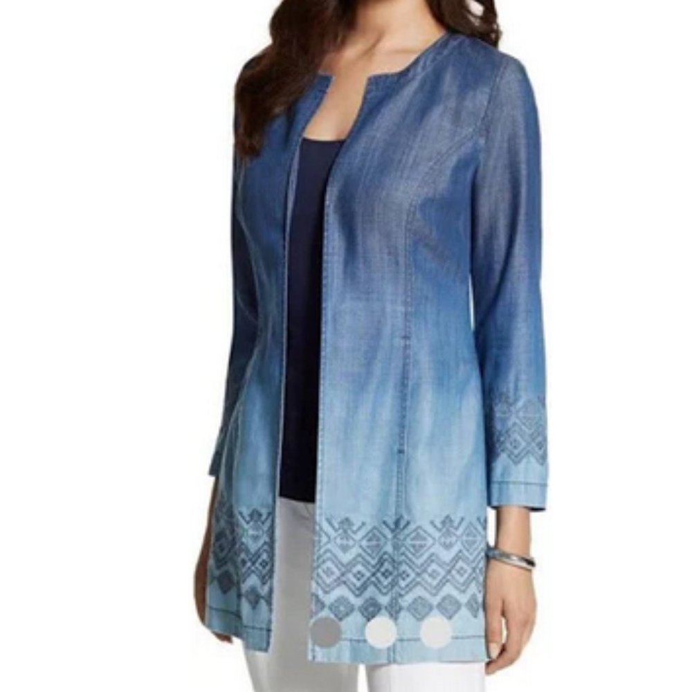 Chicos ombry embroidered chambrey duster coat jacket size 2